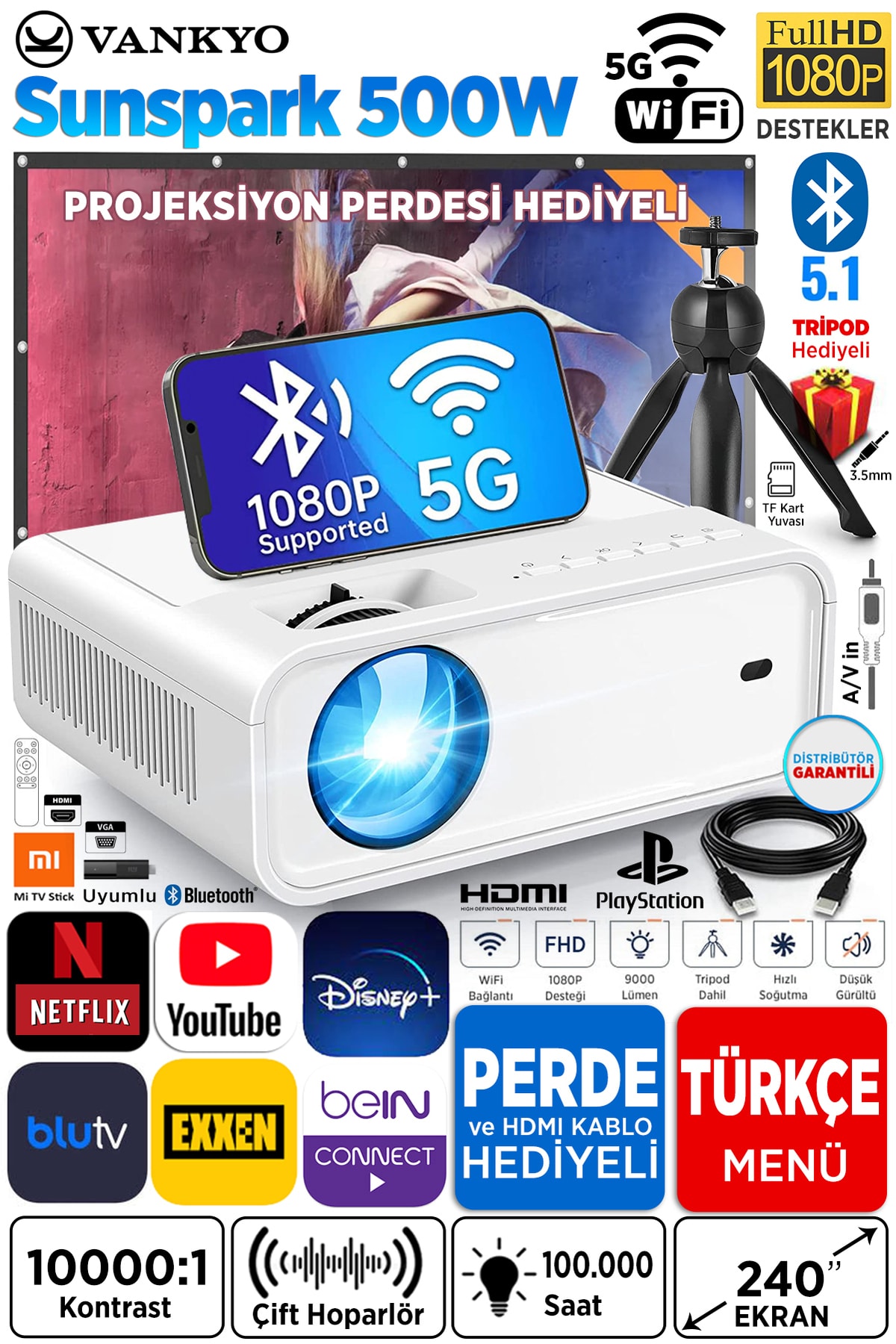 Sunspark 500w 1080p Destekli Wifi + Bluetooth Projeksiyon Cihazı - 240 Inç Yansıtma -dahili Hoparlör